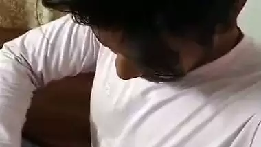 Cute girlfriend hot blowjob to boyfriend with smile